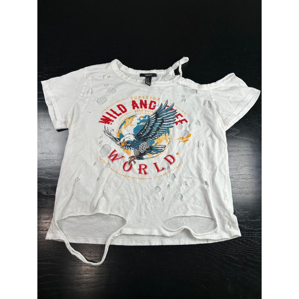 Med 2000s Forever 21- Distressed- holes- Wild & Free World Eagle Biker Rocker